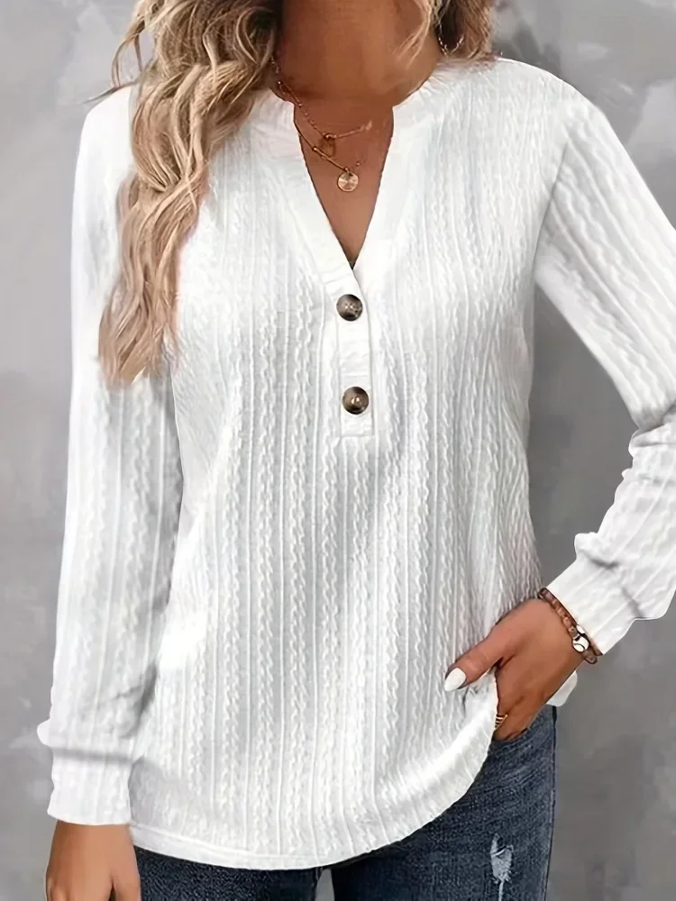 Casual Autumn Women Shirts Blouses Vintage Solid Color Long Sleeve Button V-neck Office Lady Shirt Blouse Pullover Top