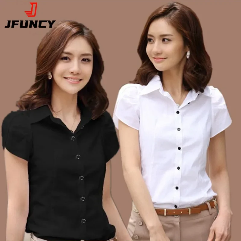 Women's Shirt  Summer Women Top Female Black White Shirts Office Ladies Blouse OL Clothes Woman Short Sleeve Workwear