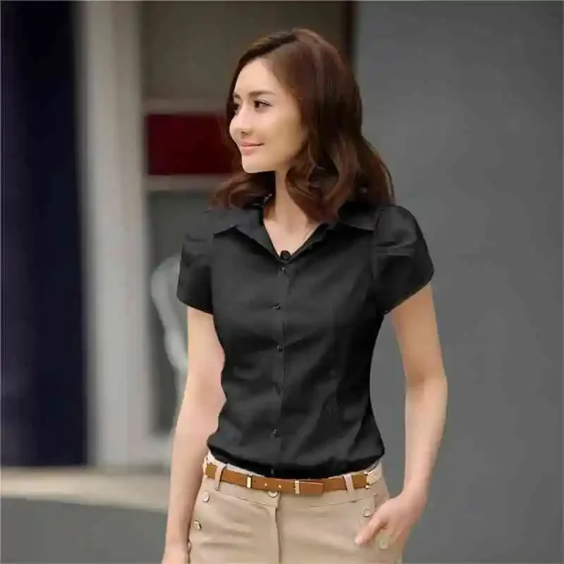 Women's Shirt  Summer Women Top Female Black White Shirts Office Ladies Blouse OL Clothes Woman Short Sleeve Workwear