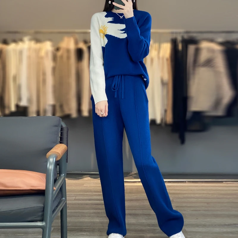 100% Wool Sweater Fall/Winter Round Neck Color Matching Jacquard Suit Knitted Wide-Leg Pants Fashion Two-Piece Suit Y2k