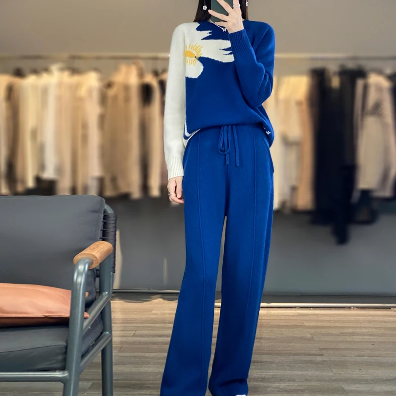 100% Wool Sweater Fall/Winter Round Neck Color Matching Jacquard Suit Knitted Wide-Leg Pants Fashion Two-Piece Suit Y2k