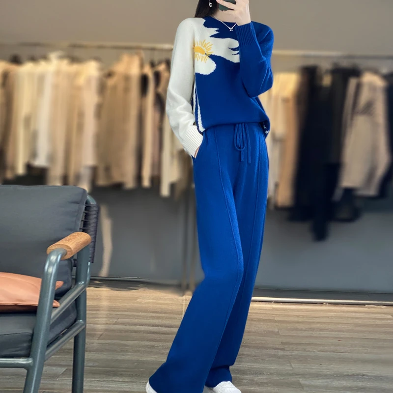 100% Wool Sweater Fall/Winter Round Neck Color Matching Jacquard Suit Knitted Wide-Leg Pants Fashion Two-Piece Suit Y2k