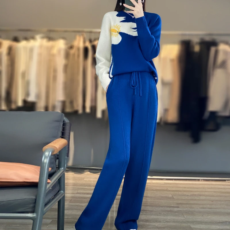 100% Wool Sweater Fall/Winter Round Neck Color Matching Jacquard Suit Knitted Wide-Leg Pants Fashion Two-Piece Suit Y2k