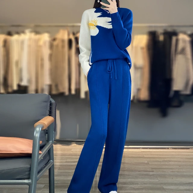 100% Wool Sweater Fall/Winter Round Neck Color Matching Jacquard Suit Knitted Wide-Leg Pants Fashion Two-Piece Suit Y2k