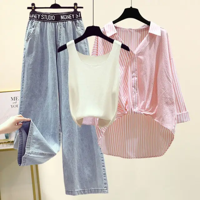 Women's Clothing Outfit Ladies Casual Loose Shirt Vest Wide Leg Denim Pants 3 Piece Sets Fashion Letter Jeans Blouse