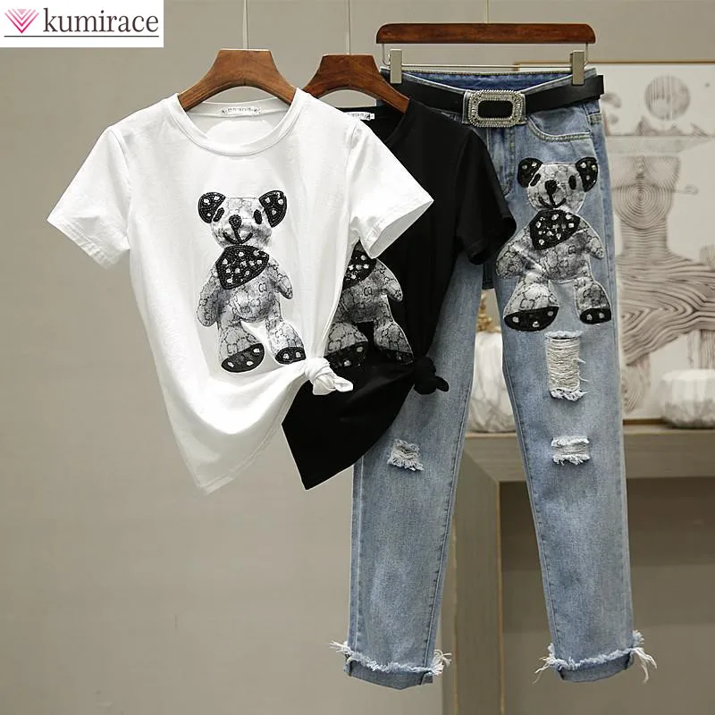 Summer New Elegant Women's Pants Set Fashion Cartoon Printed Short Sleeved T-shirt Pierced Jeans Two-piece Casual Trousers