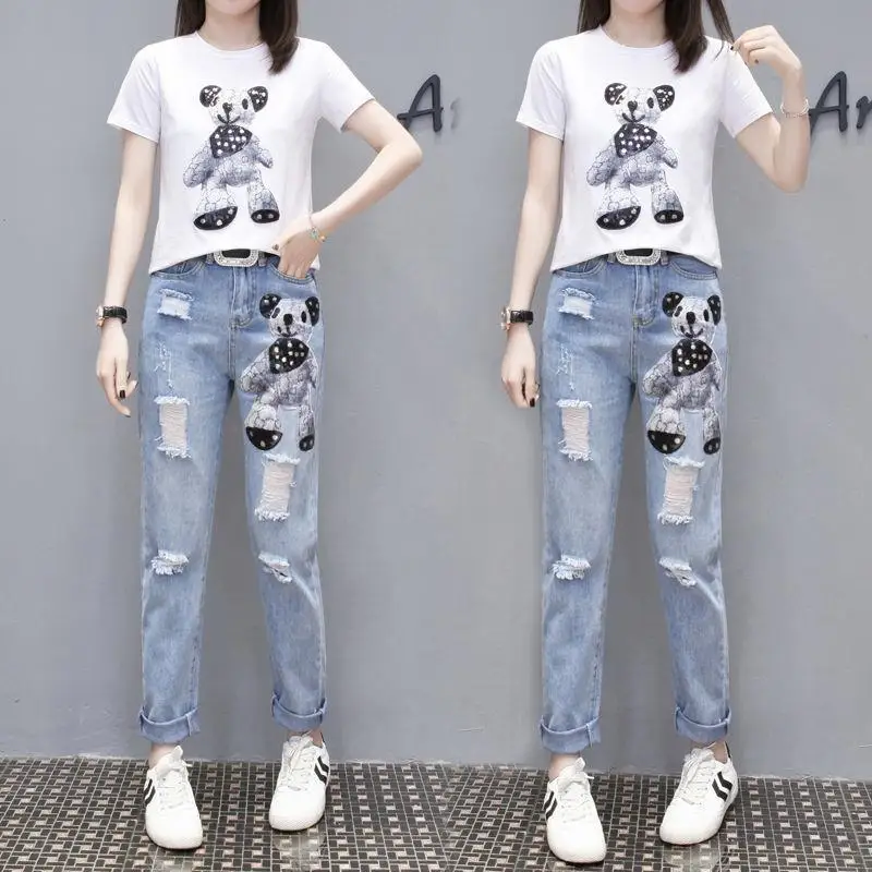 Summer New Elegant Women's Pants Set Fashion Cartoon Printed Short Sleeved T-shirt Pierced Jeans Two-piece Casual Trousers