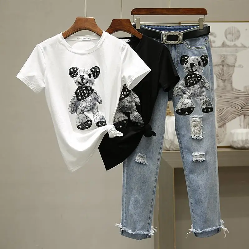 Summer New Elegant Women's Pants Set Fashion Cartoon Printed Short Sleeved T-shirt Pierced Jeans Two-piece Casual Trousers