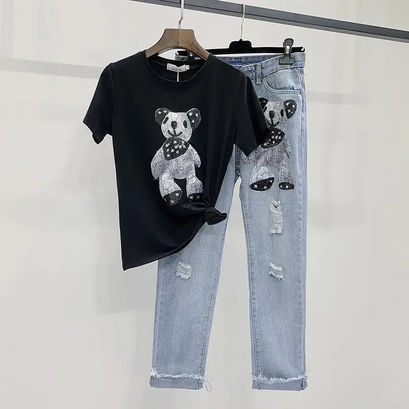 Summer New Elegant Women's Pants Set Fashion Cartoon Printed Short Sleeved T-shirt Pierced Jeans Two-piece Casual Trousers