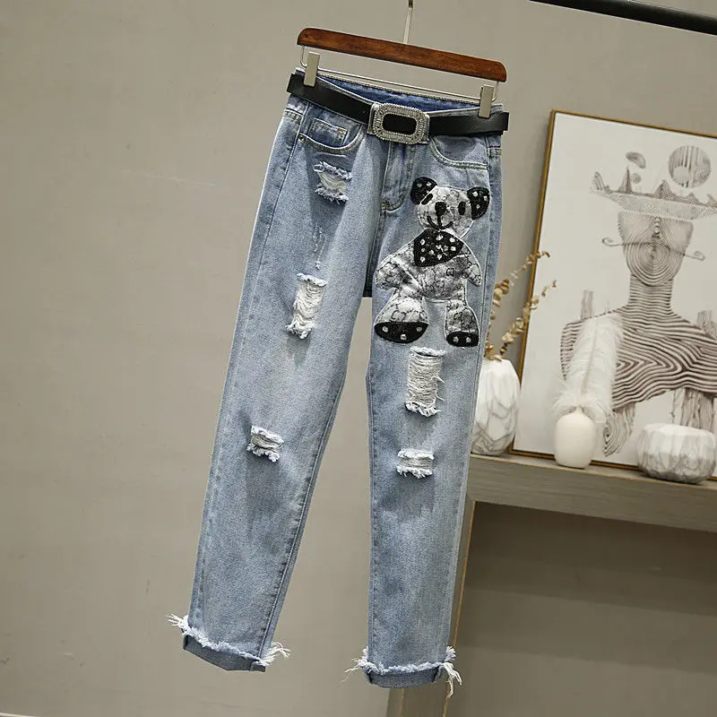 Summer New Elegant Women's Pants Set Fashion Cartoon Printed Short Sleeved T-shirt Pierced Jeans Two-piece Casual Trousers