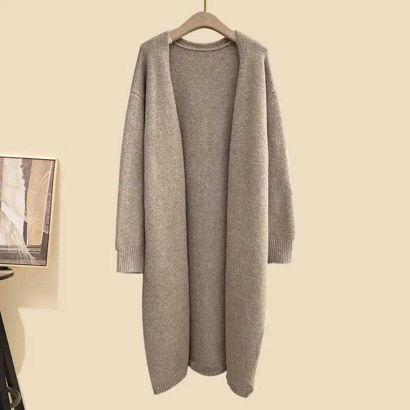 Women  Three Piece Set Long Cardigan Coat+Knitted Sweater+High Waist Wide Leg Trousers Casual