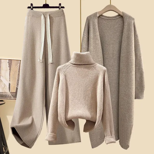 Women  Three Piece Set Long Cardigan Coat+Knitted Sweater+High Waist Wide Leg Trousers Casual