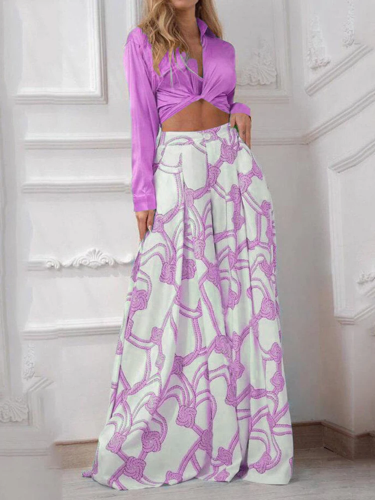 Women Cross-border new printed casual suit lapel sexy lace-up shirt high waist wide leg pants two-piece set