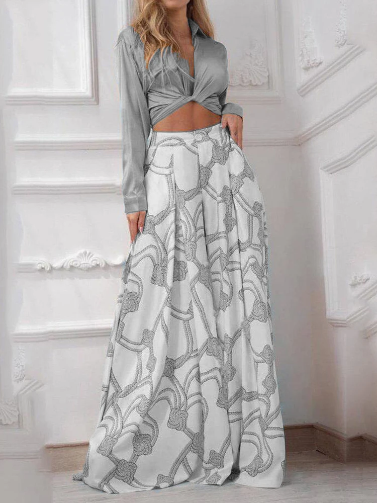 Women Cross-border new printed casual suit lapel sexy lace-up shirt high waist wide leg pants two-piece set
