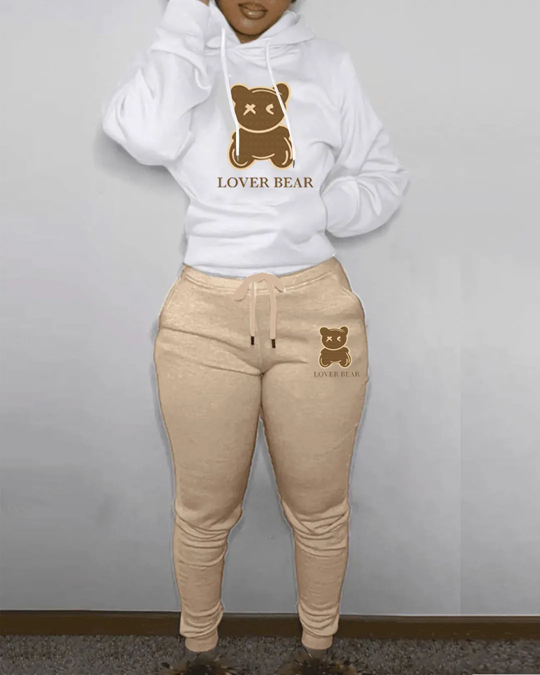 Women Bear Letter Print Kangaroo Pocket Tracksuit Set Long Sleeve Hoodie+Drawstring Trousers Two Pieces Matching Suits