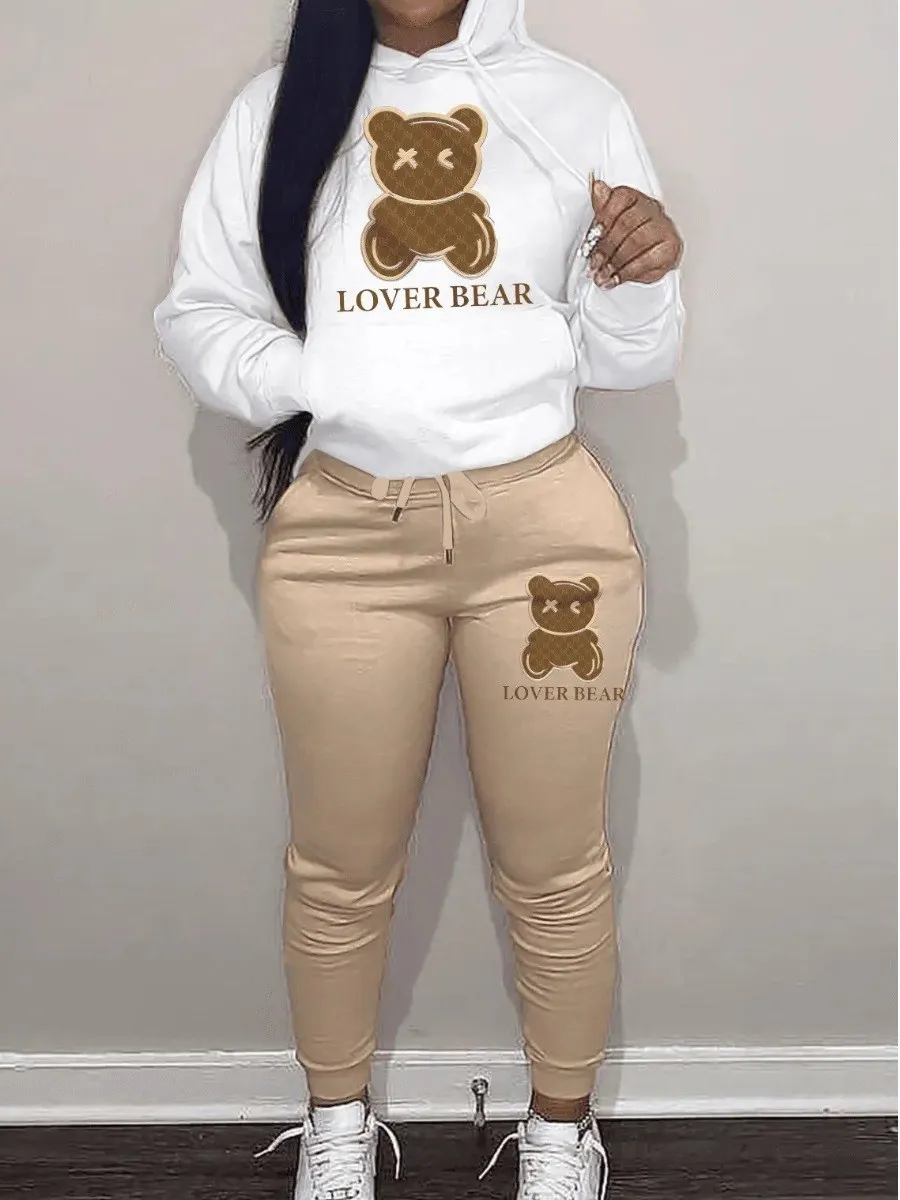 Women Bear Letter Print Kangaroo Pocket Tracksuit Set Long Sleeve Hoodie+Drawstring Trousers Two Pieces Matching Suits