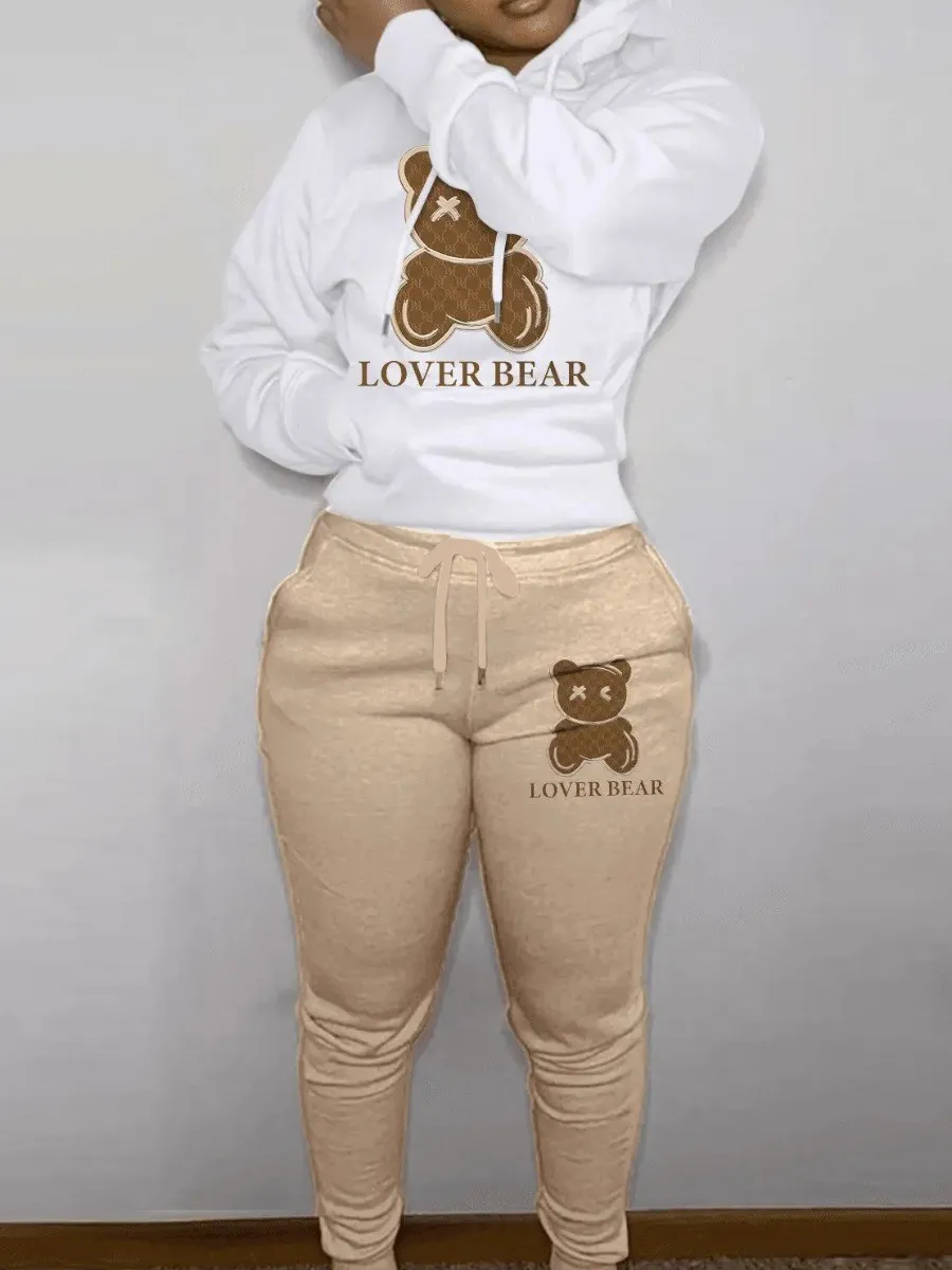 Women Bear Letter Print Kangaroo Pocket Tracksuit Set Long Sleeve Hoodie+Drawstring Trousers Two Pieces Matching Suits