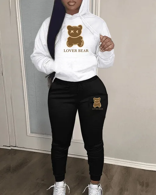 Women Bear Letter Print Kangaroo Pocket Tracksuit Set Long Sleeve Hoodie+Drawstring Trousers Two Pieces Matching Suits