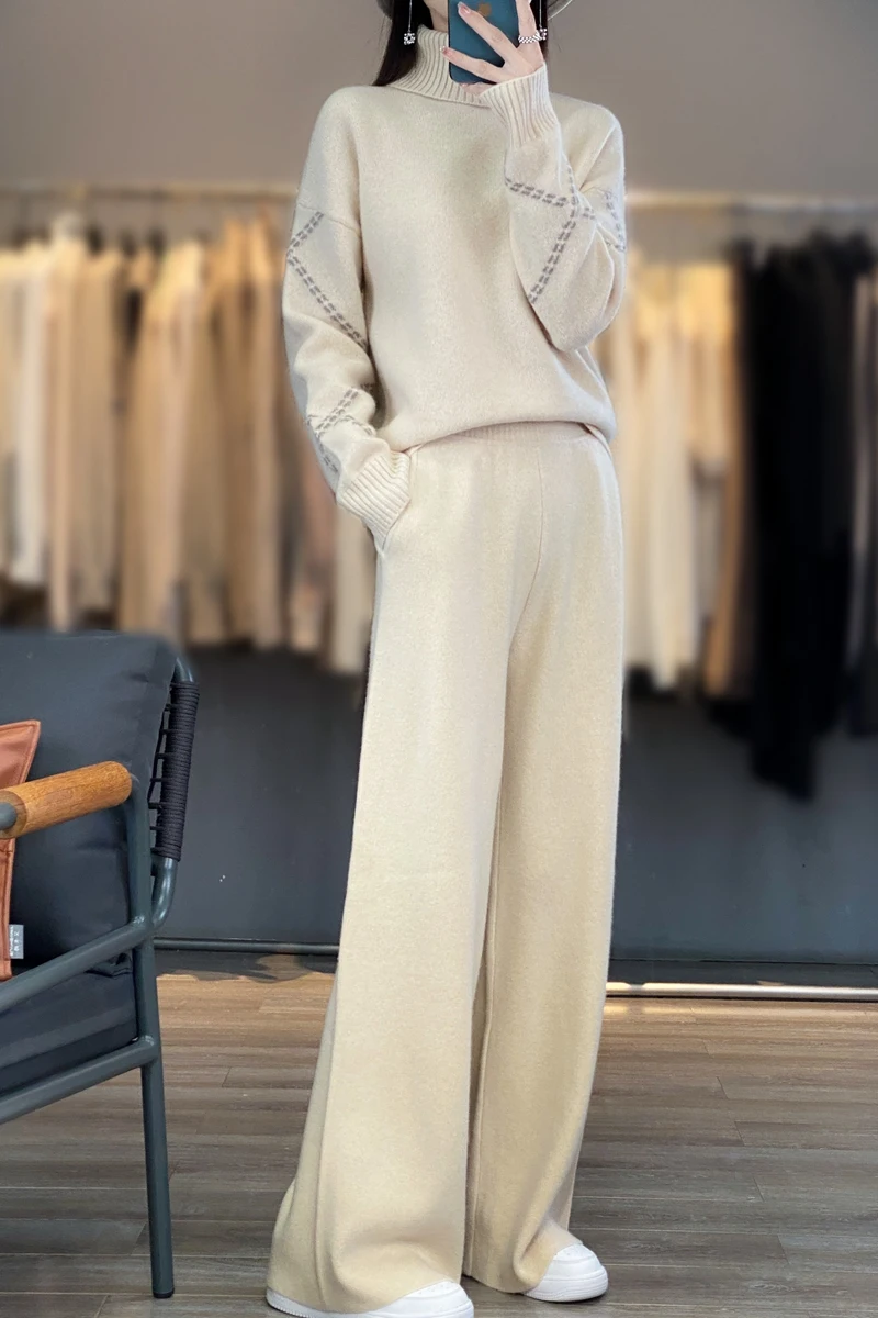 Women Flat Double Pocket Wide Leg Pants Thickened Embossed High Flip Collar Woolen Sweater Set