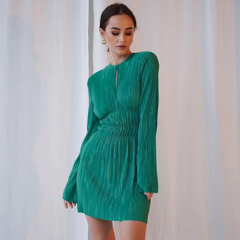 Green Dress Hollow Out Long Sleeve Mini Dress Ladies Streetwear Y2k Spring Autumn Solid Color O Neck Black Dress Female Clothing