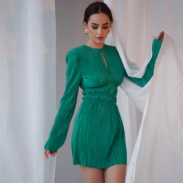 Green Dress Hollow Out Long Sleeve Mini Dress Ladies Streetwear Y2k Spring Autumn Solid Color O Neck Black Dress Female Clothing