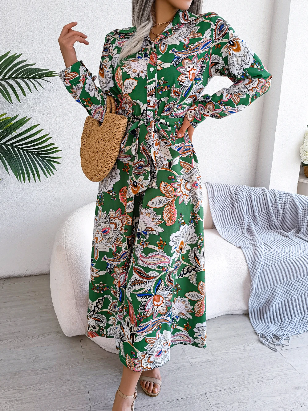 Women Casual Floral Print Collar Long Sleeve Maxi Shirt Dress