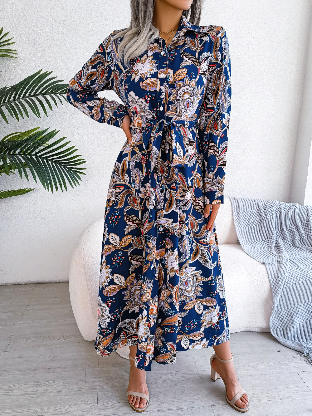 Women Casual Floral Print Collar Long Sleeve Maxi Shirt Dress