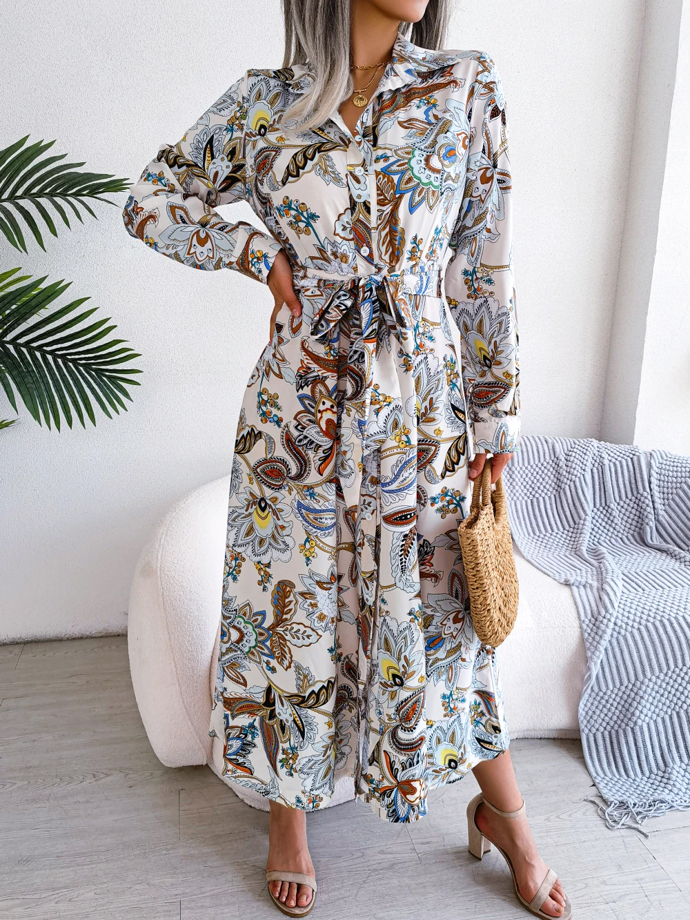 Women Casual Floral Print Collar Long Sleeve Maxi Shirt Dress