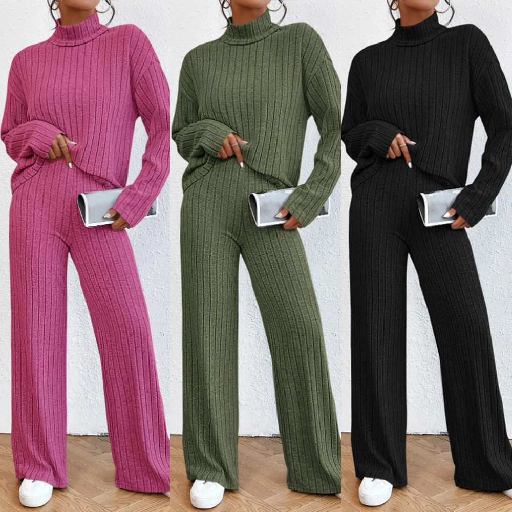 Women Streetwear Sets Solid Color Long Sleeve Half High Collar Knitted Sweater+Elastic Trousers 2 Pieces