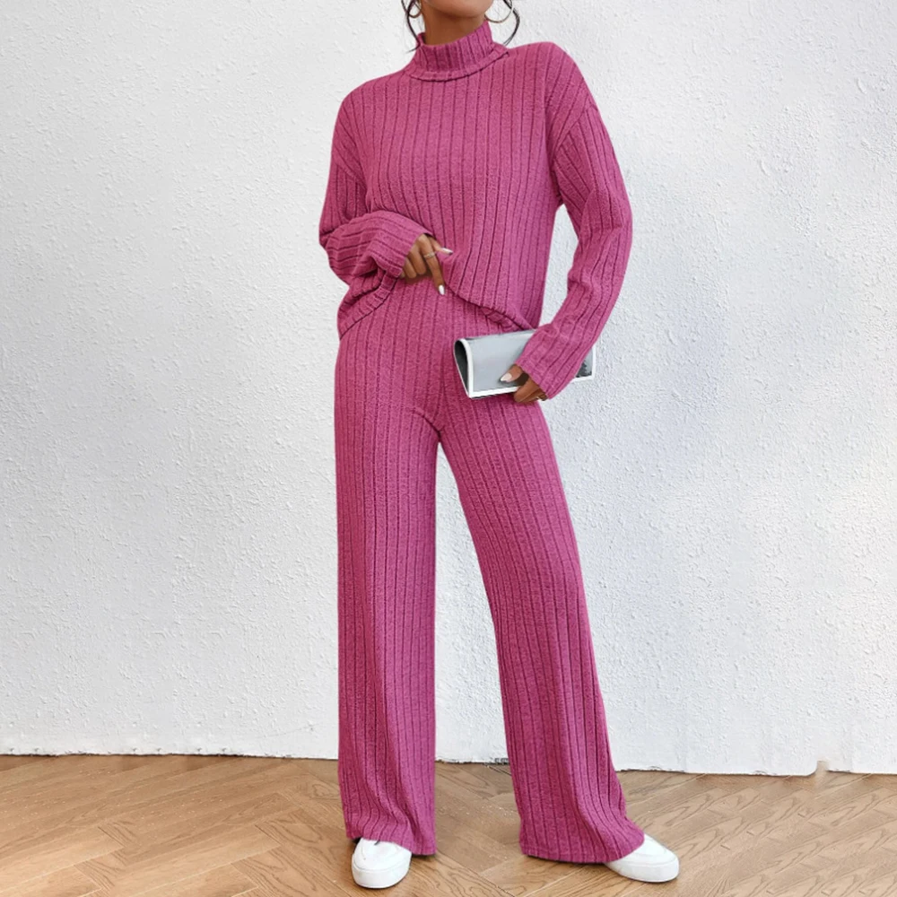 Women Streetwear Sets Solid Color Long Sleeve Half High Collar Knitted Sweater+Elastic Trousers 2 Pieces