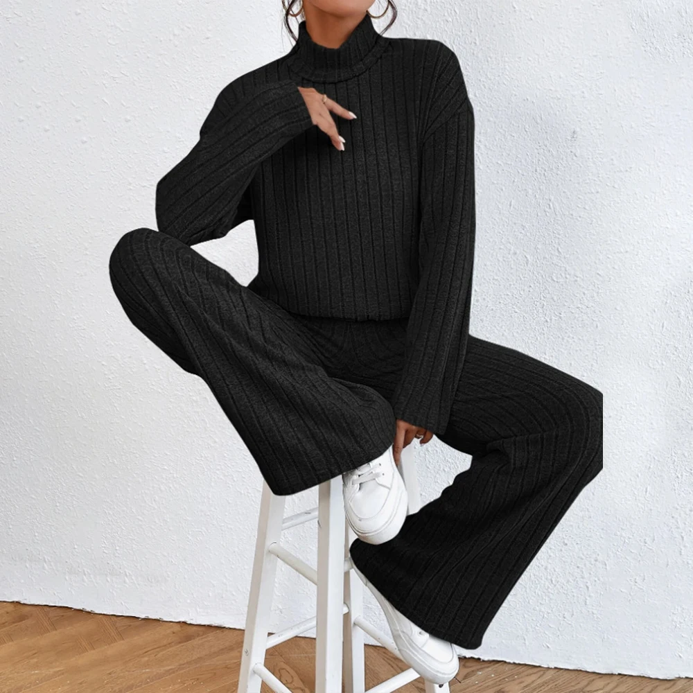 Women Streetwear Sets Solid Color Long Sleeve Half High Collar Knitted Sweater+Elastic Trousers 2 Pieces