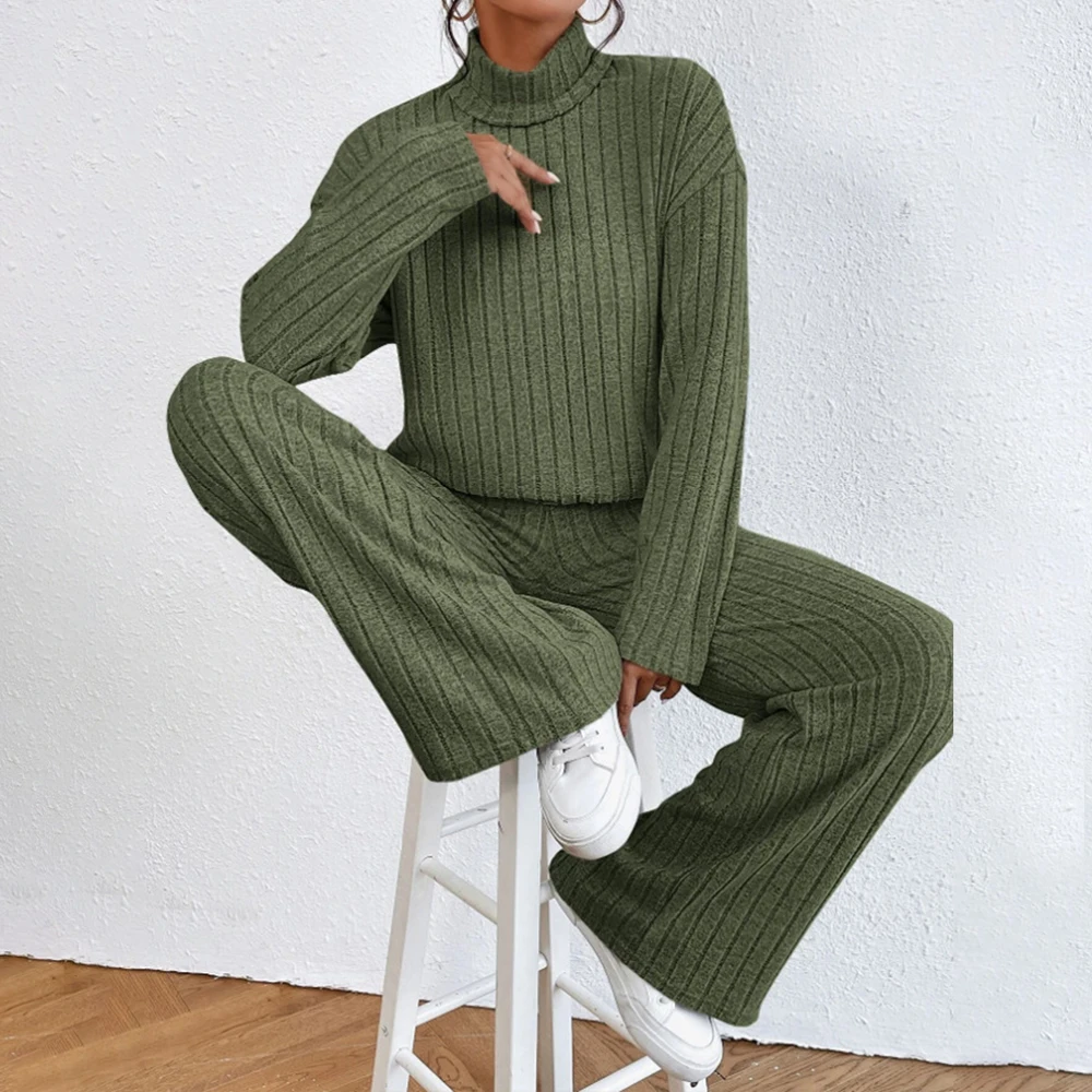 Women Streetwear Sets Solid Color Long Sleeve Half High Collar Knitted Sweater+Elastic Trousers 2 Pieces