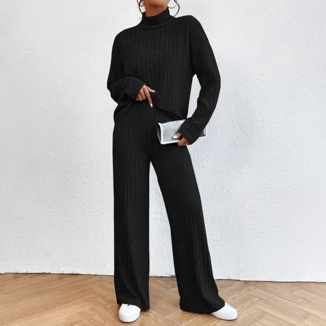 Women Streetwear Sets Solid Color Long Sleeve Half High Collar Knitted Sweater+Elastic Trousers 2 Pieces