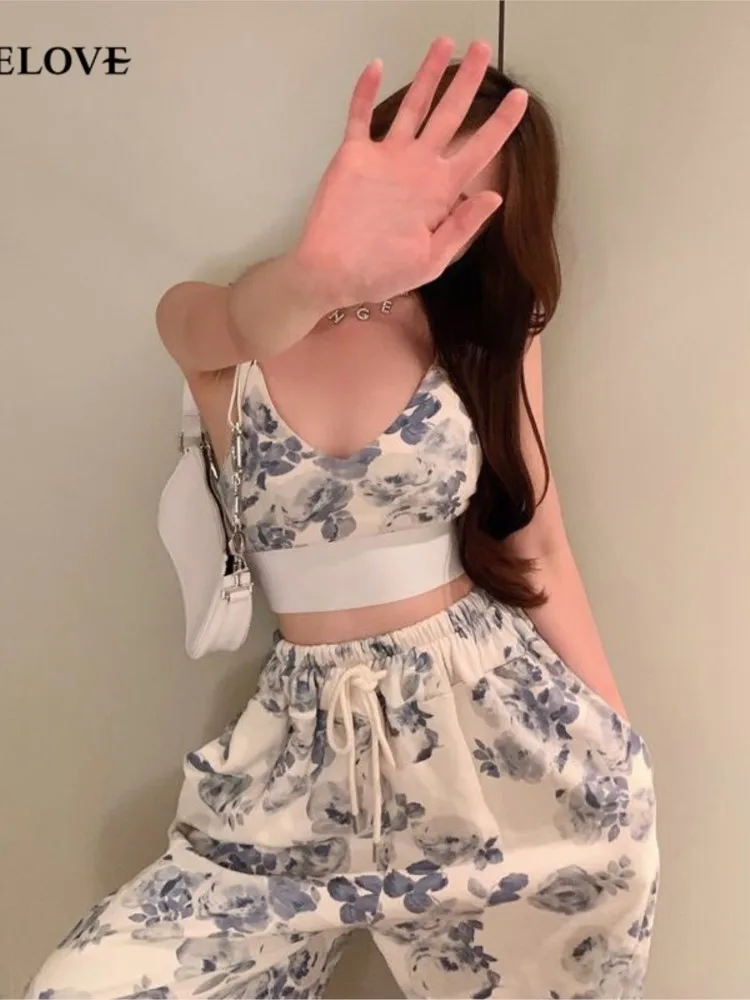 Women Sexy Floral Two Piece Top Pant Set Korean Casual Suits Elegant Mini Top Long Wide Leg Pants