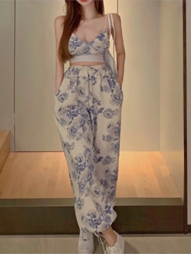 Women Sexy Floral Two Piece Top Pant Set Korean Casual Suits Elegant Mini Top Long Wide Leg Pants