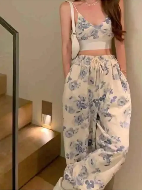 Women Sexy Floral Two Piece Top Pant Set Korean Casual Suits Elegant Mini Top Long Wide Leg Pants