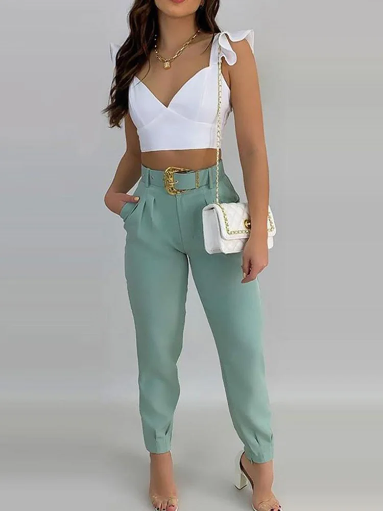 Women Solid Ruffles Backless Knotted Crop Tops & Pocket Design Belted Pants Set Casual  Two Piece Set Outfits