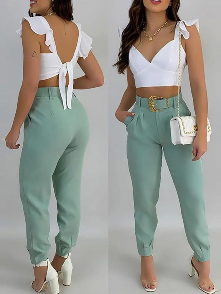 Women Solid Ruffles Backless Knotted Crop Tops & Pocket Design Belted Pants Set Casual  Two Piece Set Outfits