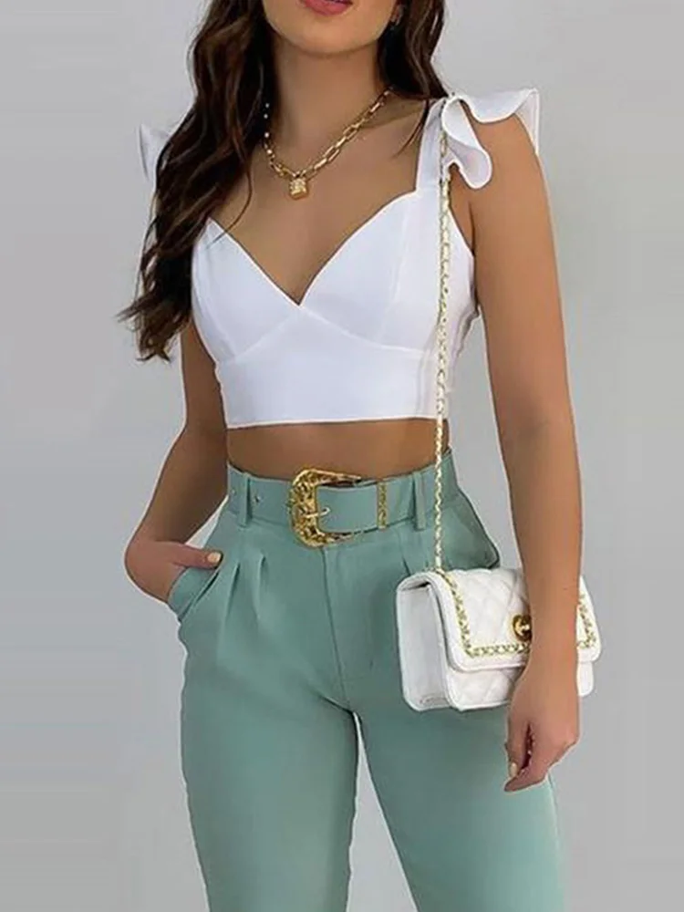 Women Solid Ruffles Backless Knotted Crop Tops & Pocket Design Belted Pants Set Casual  Two Piece Set Outfits