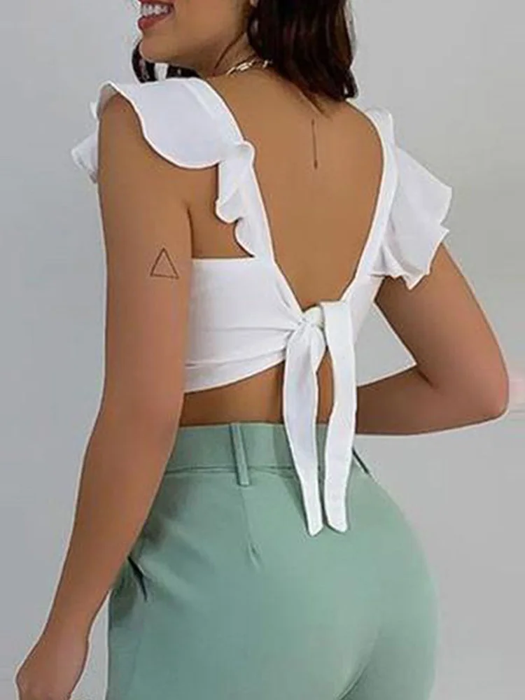 Women Solid Ruffles Backless Knotted Crop Tops & Pocket Design Belted Pants Set Casual  Two Piece Set Outfits