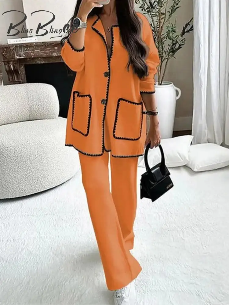 Women Loose Jacket Wide Pants Suits Traf Long Sleeve V Neck Patch Pockets Coat Top Sets