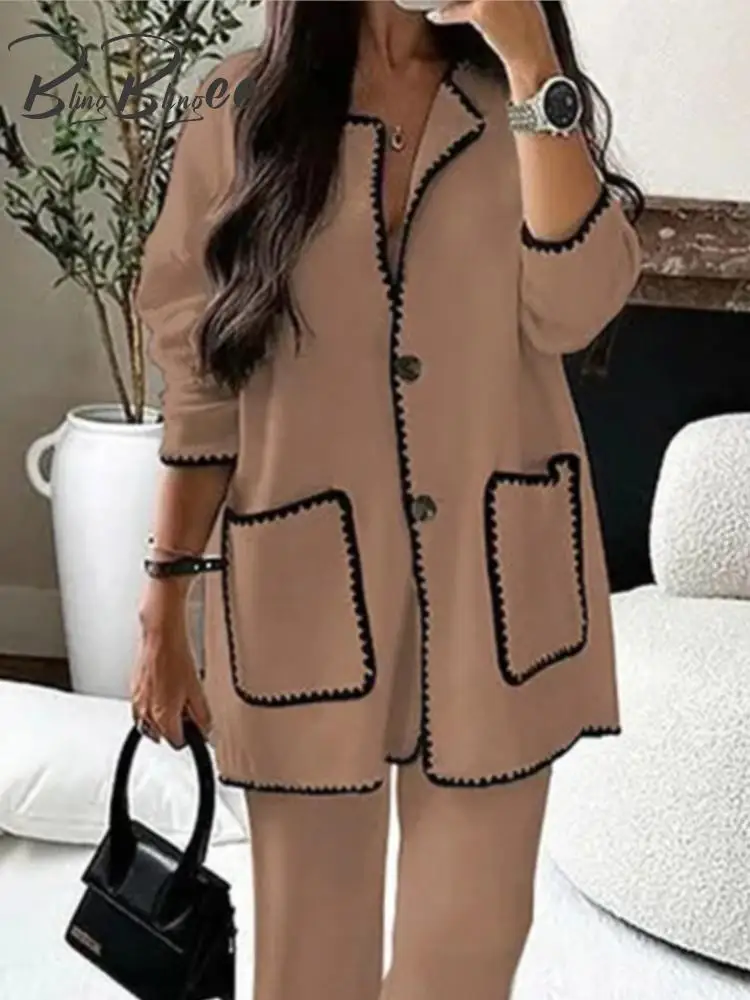 Women Loose Jacket Wide Pants Suits Traf Long Sleeve V Neck Patch Pockets Coat Top Sets