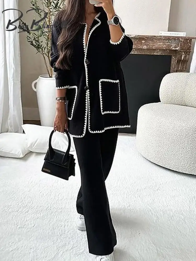 Women Loose Jacket Wide Pants Suits Traf Long Sleeve V Neck Patch Pockets Coat Top Sets