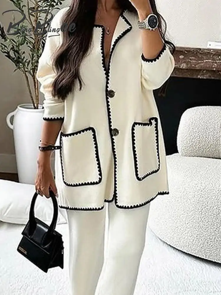 Women Loose Jacket Wide Pants Suits Traf Long Sleeve V Neck Patch Pockets Coat Top Sets