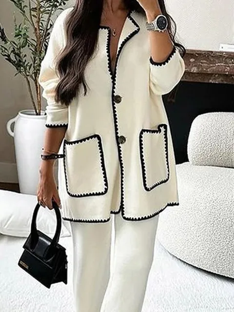Women Loose Jacket Wide Pants Suits Traf Long Sleeve V Neck Patch Pockets Coat Top Sets