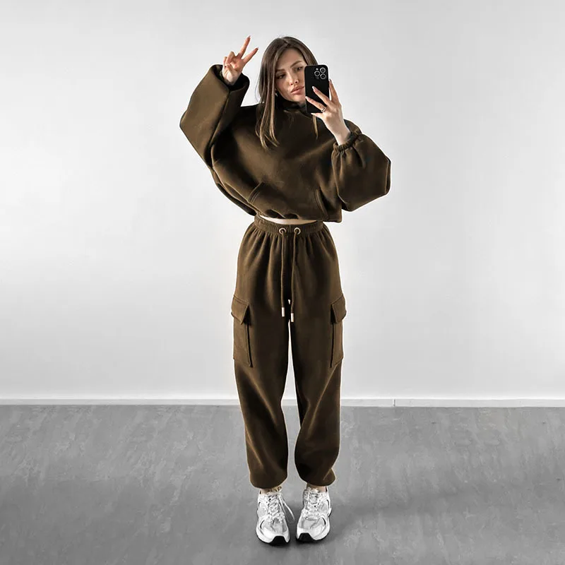 Women Hooded Tracksuit Two Pieces Set Sweatshirts Pullover Hoodies Pockets Pants Suit Trousers Sports Outfits