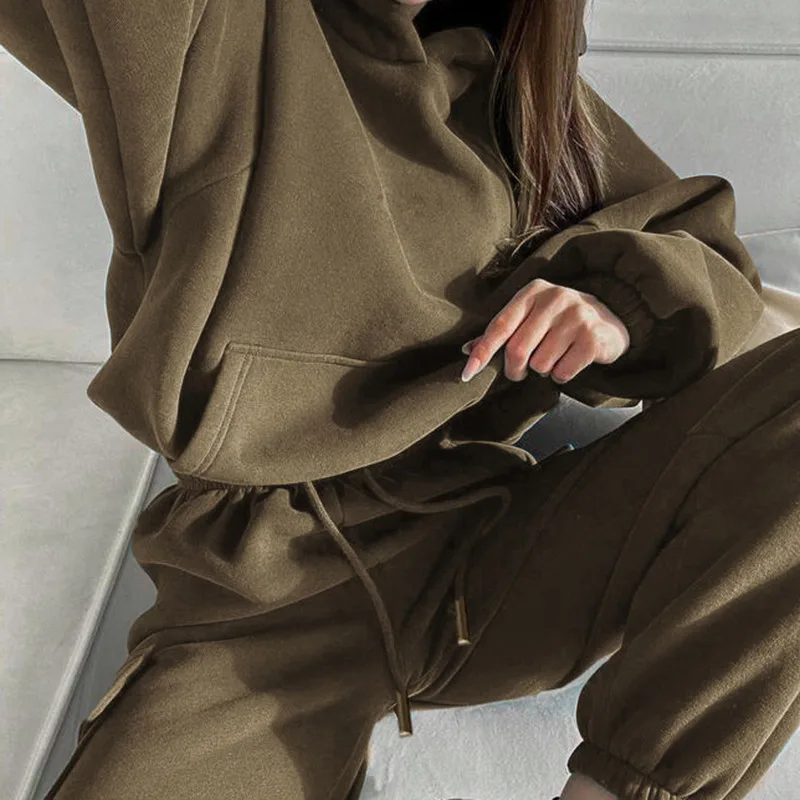 Women Hooded Tracksuit Two Pieces Set Sweatshirts Pullover Hoodies Pockets Pants Suit Trousers Sports Outfits