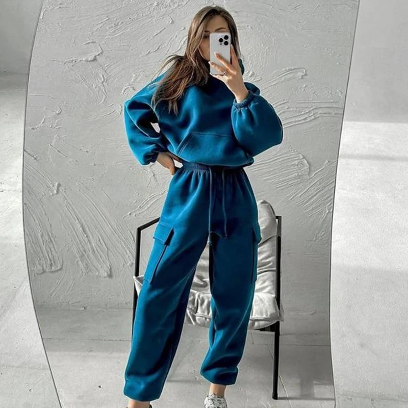 Women Hooded Tracksuit Two Pieces Set Sweatshirts Pullover Hoodies Pockets Pants Suit Trousers Sports Outfits