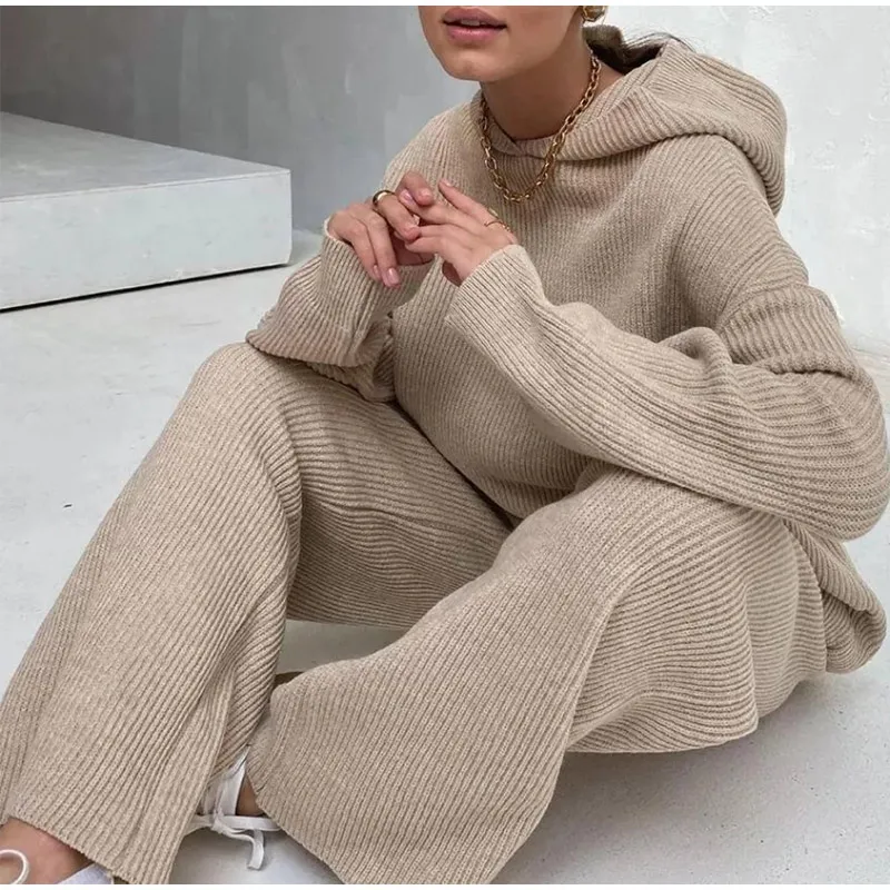 Women Matching Sets Long Sleeve Hoodie+Wide-Legged Pants Loungewear Sweater Set Two Piece Outfits