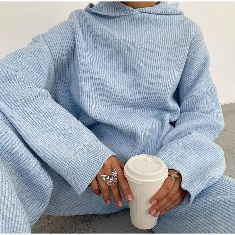 Women Matching Sets Long Sleeve Hoodie+Wide-Legged Pants Loungewear Sweater Set Two Piece Outfits